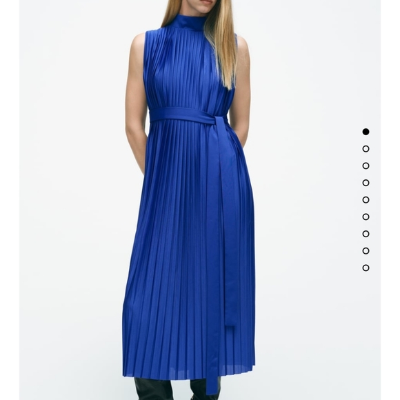 Zara Dresses & Skirts - Zara* Satin Effect Pleated Blue Midi Belted Dress